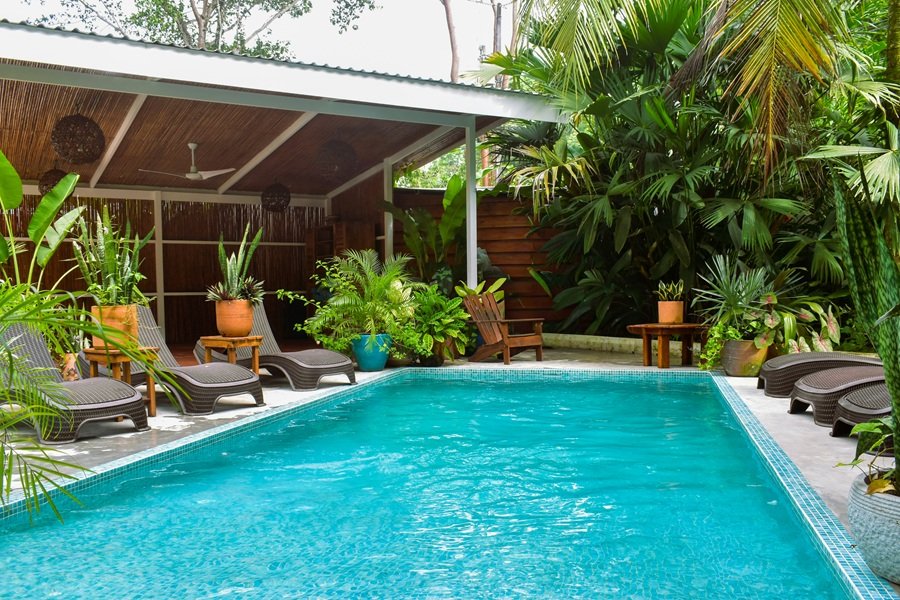 Pool and tropical gardens of managed Puerto Viejo property